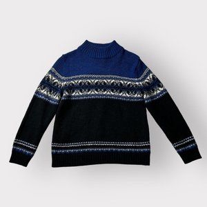 Vintage 1990s blue, black, and white mock turtleneck sweater. Size small